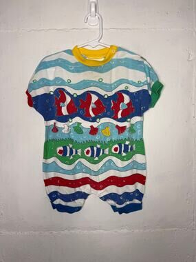Vintage Infant Fish Romper Bubble Back Front Size 12 Months